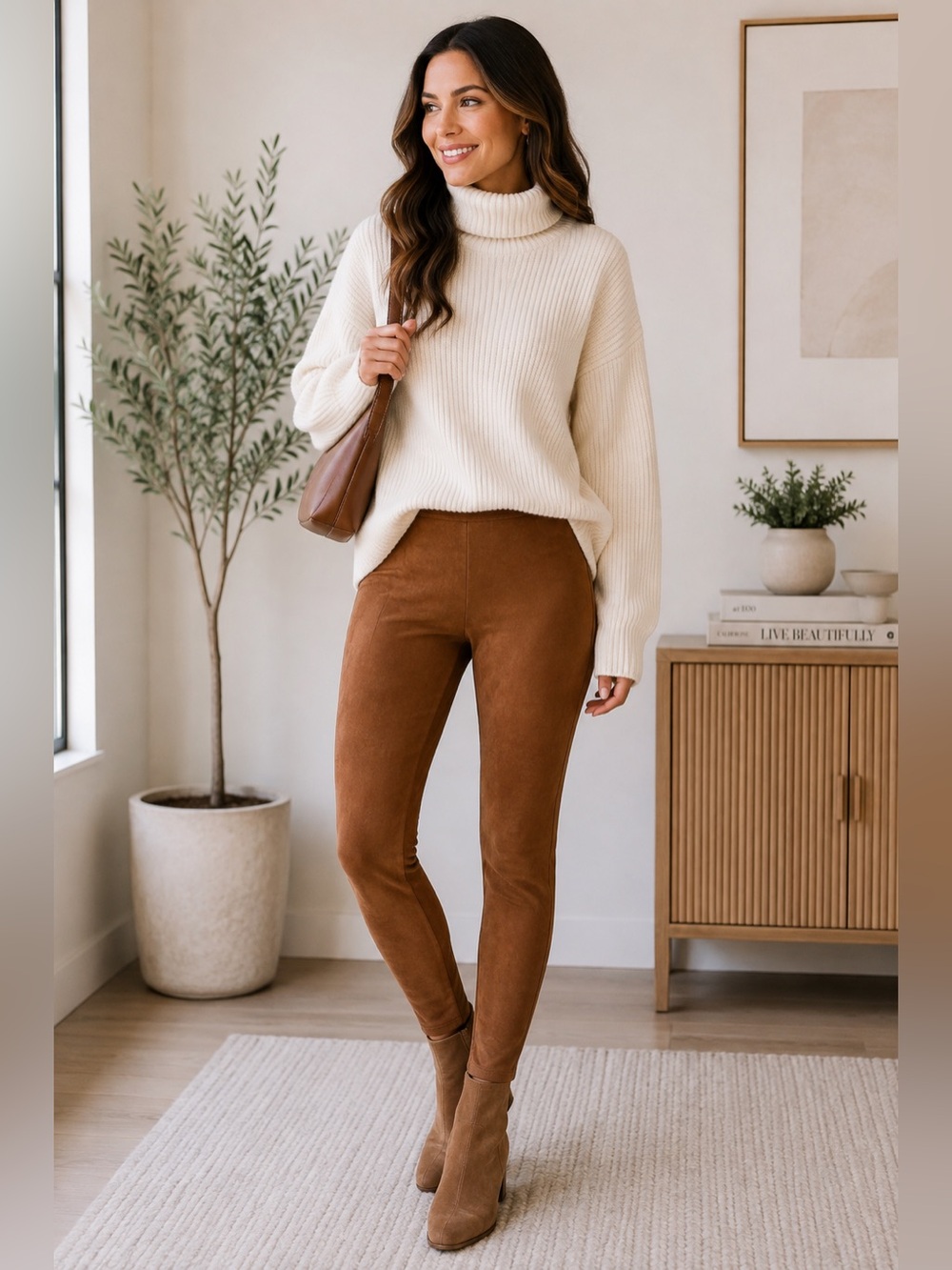 Chaps Petite Brown Cognac Faux Suede Leggings Size MP Classic Preppy Equestrian